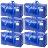 A set of six large, blue, heavy-duty storage bags with zippers and handles, designed for moving or storing items.