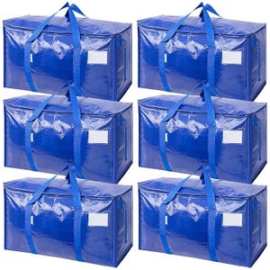 A set of six large, blue, heavy-duty storage bags with zippers and handles, designed for moving or storing items.