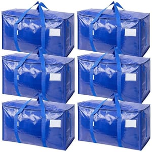 A set of six large, blue, heavy-duty storage bags with zippers and handles, designed for moving or storing items.