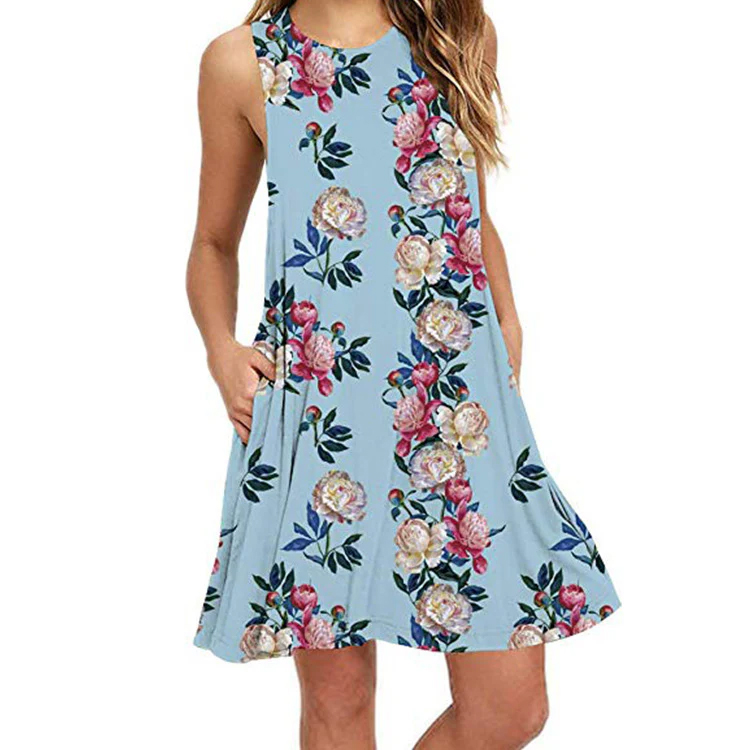 Sleeveless, A-line dress featuring a blue background with a floral pattern of pink and cream flowers, and pockets.