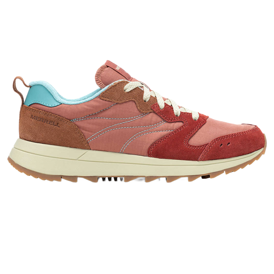 Merrell retro-style sneaker with a mix of red, brown, and blue colors, featuring a suede and nylon upper, gum rubber outsole, and cream midsole.