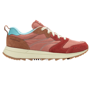 Merrell retro-style sneaker with a mix of red, brown, and blue colors, featuring a suede and nylon upper, gum rubber outsole, and cream midsole.