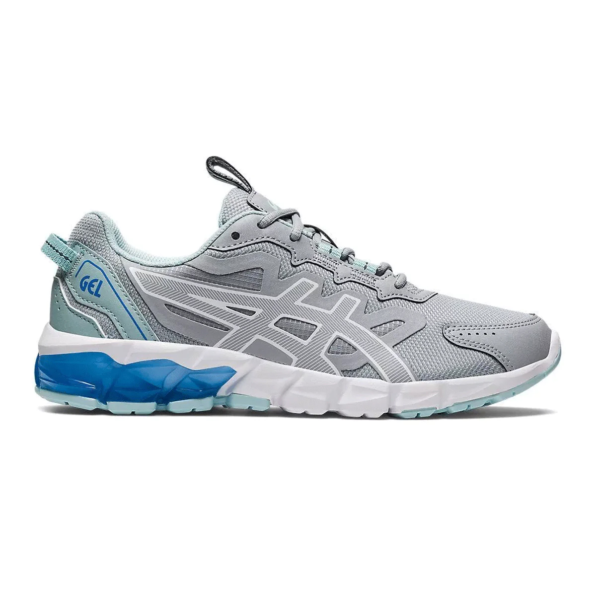 Gray ASICS running shoe featuring GEL cushioning, blue accents, and a white sole, designed for comfort and support.