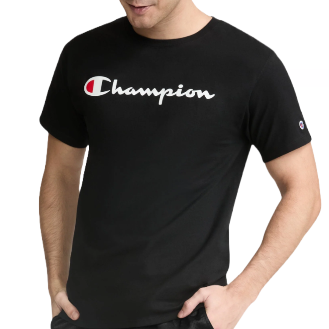 A black T-shirt with the Champion logo printed in white across the chest and a small logo on the sleeve.