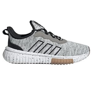 A gray and black sneaker with a textured fabric upper, white speckled midsole, and gum outsole, featuring three stripes on the side and a pull tab at the heel.
