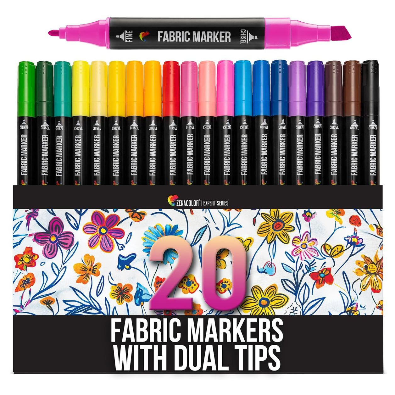 Set of 20 fabric markers with dual tips, featuring fine and chisel ends, ideal for textile art. Includes a variety of colors in the Zenacolor Expert Series.