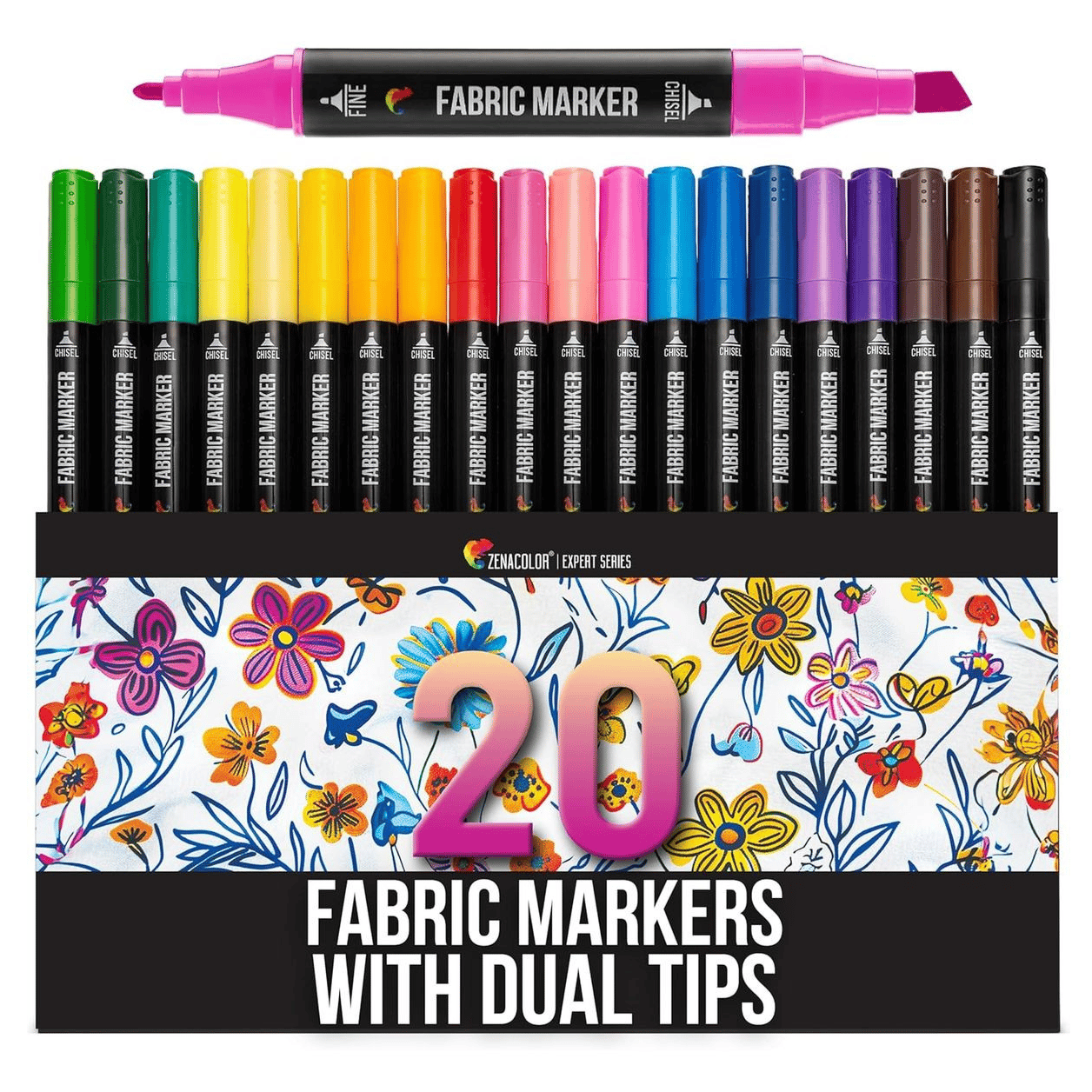 Set of 20 fabric markers with dual tips, featuring fine and chisel ends, ideal for textile art. Includes a variety of colors in the Zenacolor Expert Series.