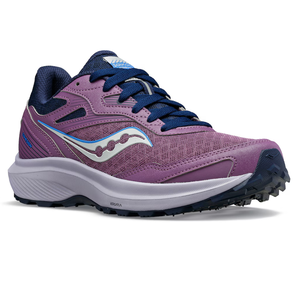 A purple trail running shoe with blue laces and a white sole.