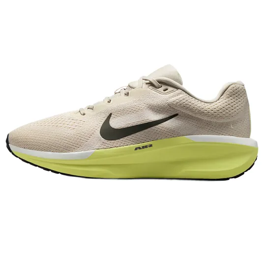 Nike running shoe with a beige mesh upper, black Swoosh logo, and a cushioned yellow and white midsole featuring \“Air\“ branding.