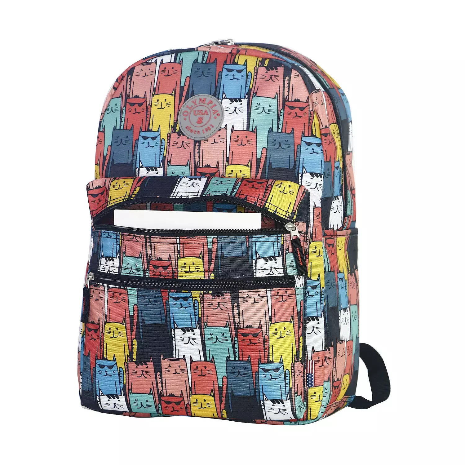 Colorful backpack with a cat face pattern.