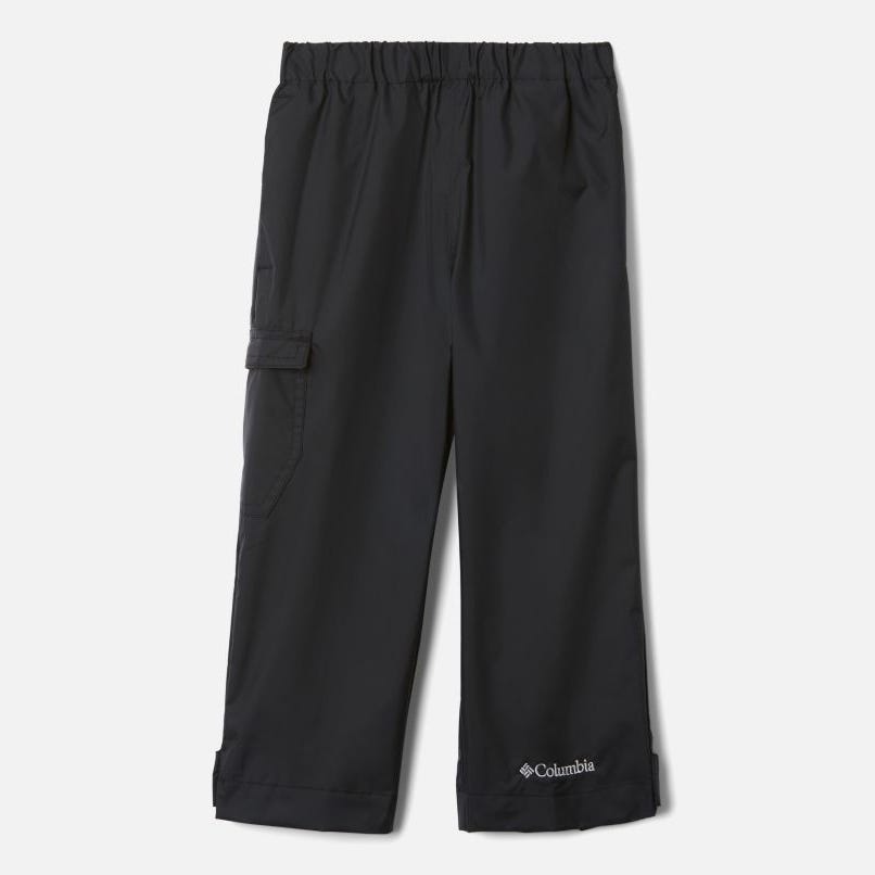 Black Columbia rain pants for kids featuring an elastic waistband, a cargo pocket on the left leg, and the brand logo near the hem.