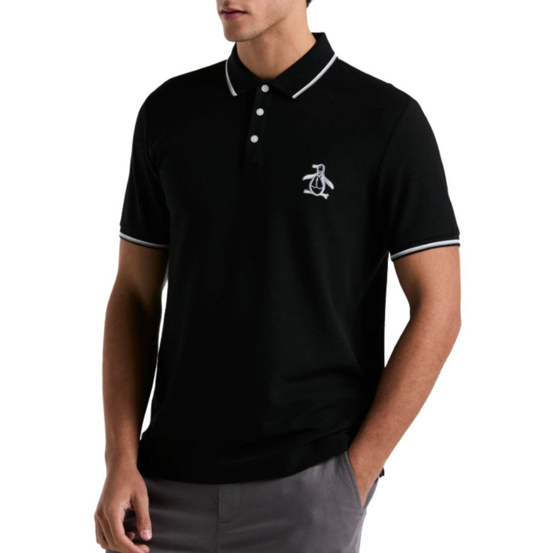 Black polo shirt with white trim on collar and sleeves, featuring a white penguin logo on the chest. Worn with gray pants.