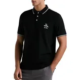 Black polo shirt with white trim on collar and sleeves, featuring a white penguin logo on the chest. Worn with gray pants.