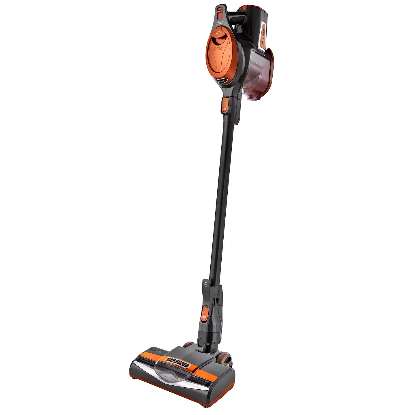A stick vacuum cleaner with a slim design and detachable handheld unit, featuring an orange and black color scheme.