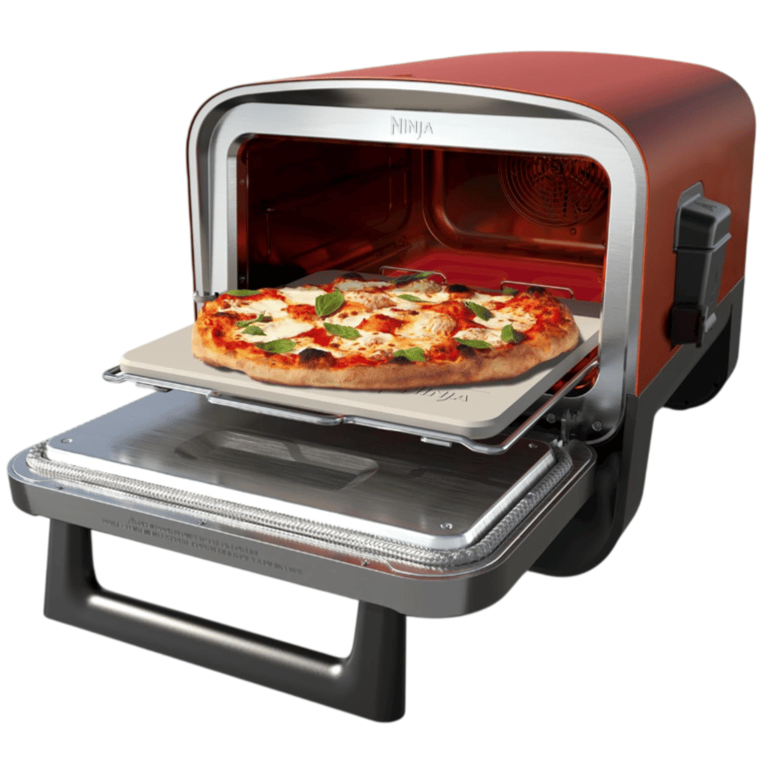A countertop pizza oven with a modern design is baking a pizza on a stone tray. The oven has a sleek, compact build with visible controls and a fan at the back for convection cooking.