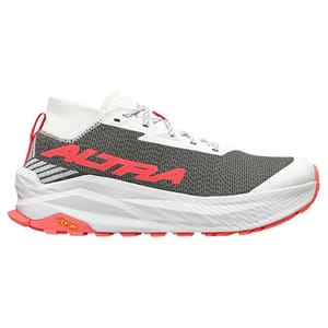 A running shoe with a thick white sole, featuring a black and white mesh upper, red accents, and the brand name \“Altra\“ prominently displayed on the side.