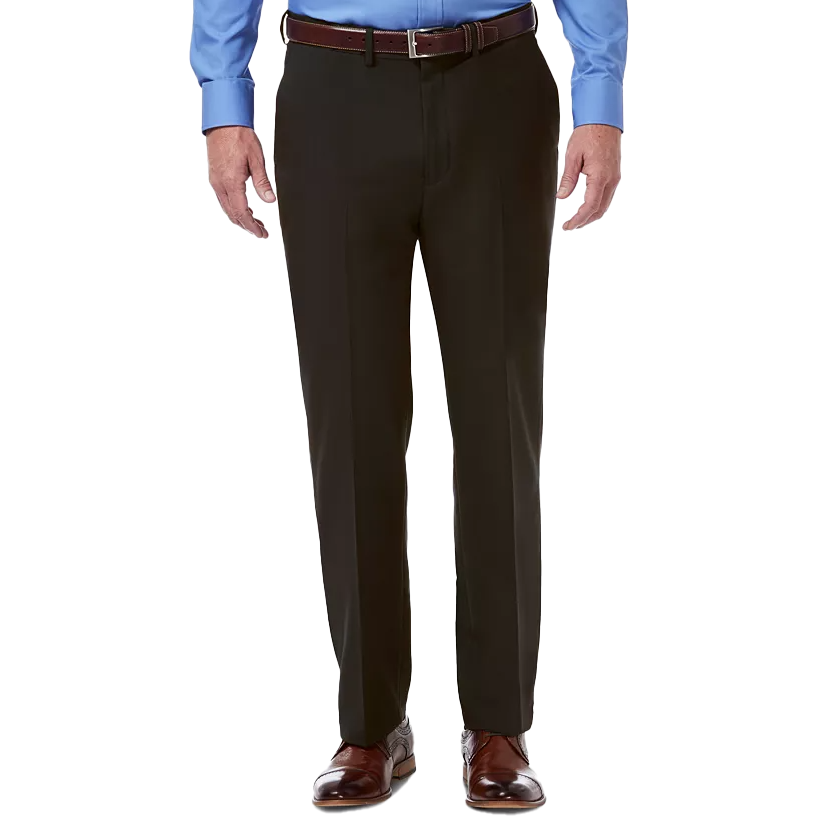 Men's dress pants featuring a classic fit, black color, and comfort stretch fabric. They include a brown belt, blue dress shirt pairing, and brown dress shoes.
