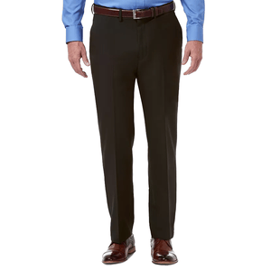 Men's dress pants featuring a classic fit, black color, and comfort stretch fabric. They include a brown belt, blue dress shirt pairing, and brown dress shoes.