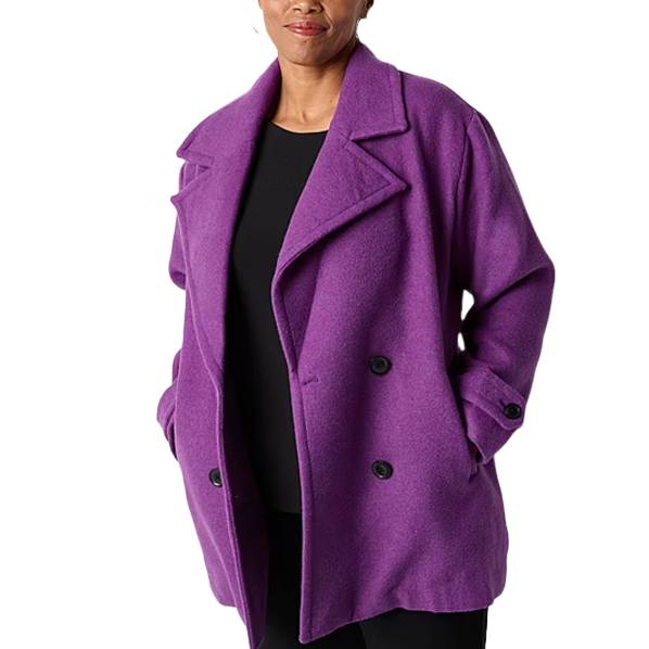 A purple midweight peacoat with a double-breasted design, featuring a wide collar and black buttons. The coat has long sleeves, pockets, and a relaxed fit.