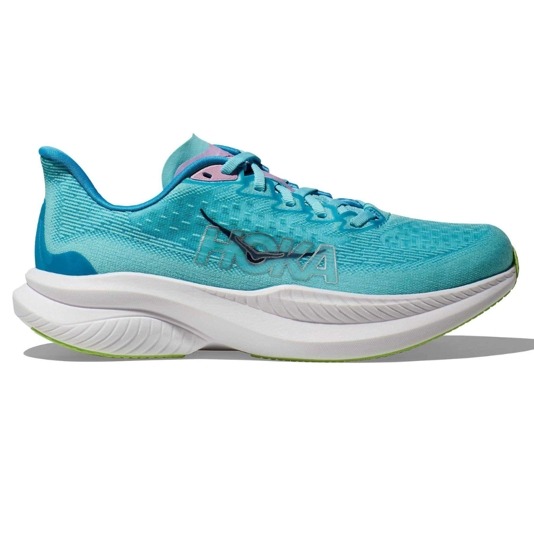 A turquoise Hoka running shoe with a white, curved sole and subtle green accents.