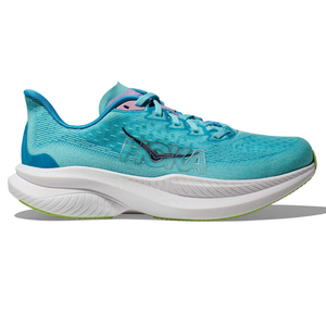 A turquoise Hoka running shoe with a white, curved sole and subtle green accents.