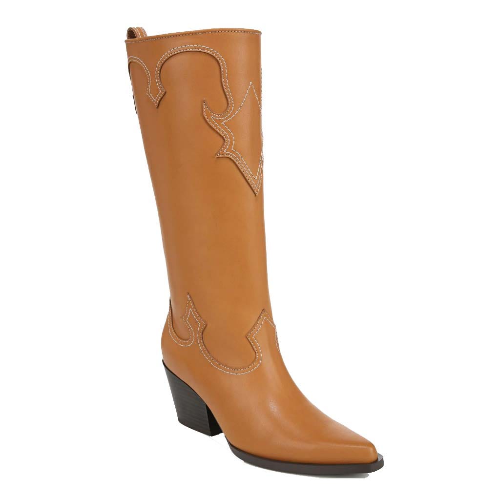 Tan knee-high cowboy boot with decorative stitching and a moderate heel.