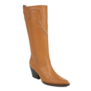 Tan knee-high cowboy boot with decorative stitching and a moderate heel.