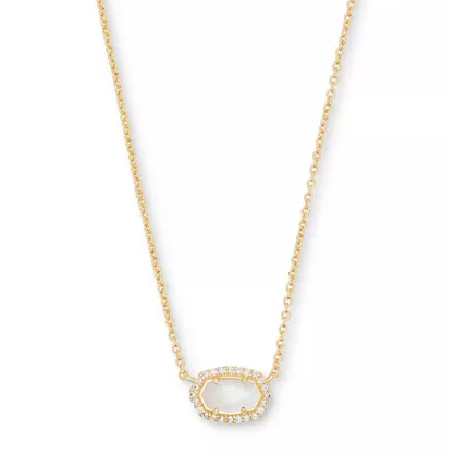 A gold chain necklace with an oval-shaped pendant outlined in small diamonds.