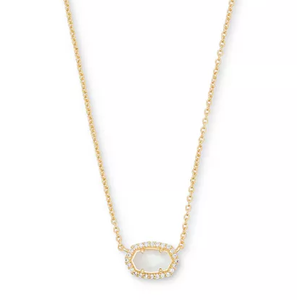 A gold chain necklace with an oval-shaped pendant outlined in small diamonds.