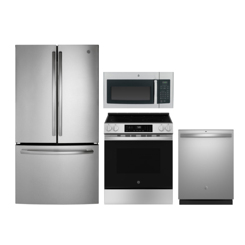 Stainless steel kitchen appliance set with a French door refrigerator, over-the-range microwave, electric range, and dishwasher.
