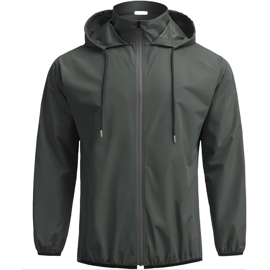 Dark gray hooded rain jacket with a zipper closure, adjustable drawstrings, and elastic cuffs.