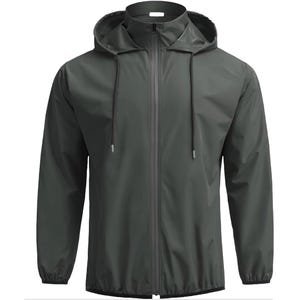 Dark gray hooded rain jacket with a zipper closure, adjustable drawstrings, and elastic cuffs.