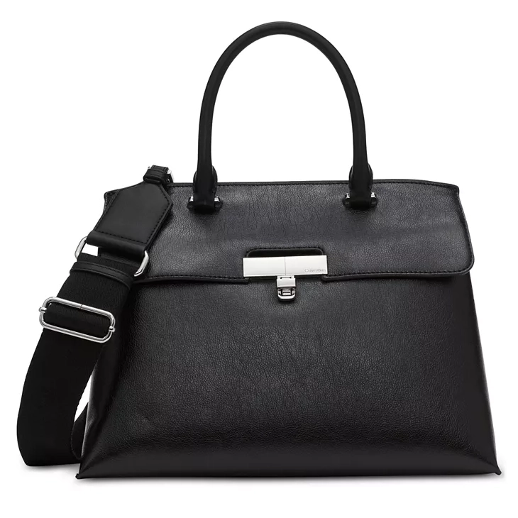A black leather briefcase with a metallic clasp and a detachable shoulder strap.