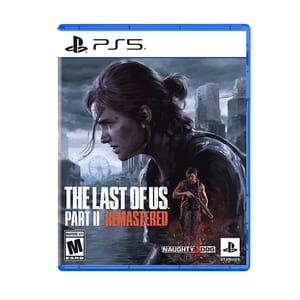 PS5 game cover for \“The Last of Us Part II Remastered,\“ featuring a dramatic illustration of a character profile against a cityscape backdrop. The game is rated M for mature audiences, developed by Naughty Dog and published by Sony.