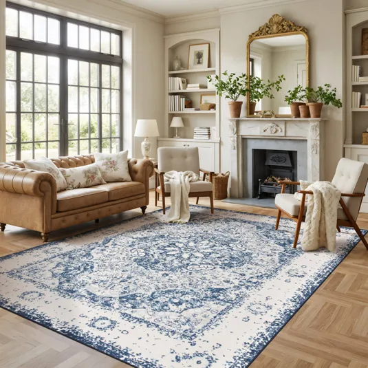 Living room with a blue and white patterned rug, brown leather sofa with floral pillows, beige armchairs, and a decorated fireplace with a large mirror and potted plants.