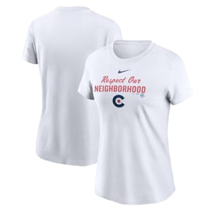 White Nike T-shirt with \“Respect Our Neighborhood\“ text and a Chicago Cubs logo on the front. Features short sleeves and a round neckline.