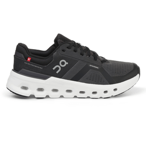 Running shoe with black mesh upper, branded \“On Running.\“ Features include Swiss engineering, white CloudTec sole with visible cushioning, and lace-up closure.