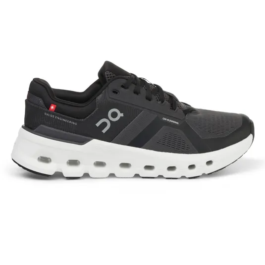 Running shoe with black mesh upper, branded \“On Running.\“ Features include Swiss engineering, white CloudTec sole with visible cushioning, and lace-up closure.