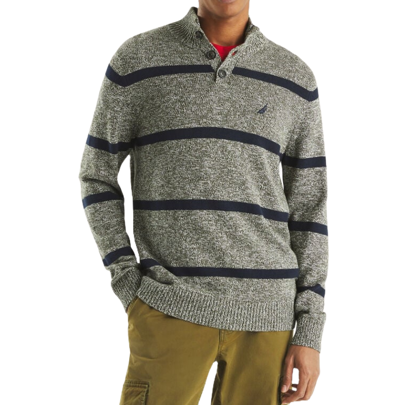 Gray and navy striped mock-neck sweater with a two-button collar detail, featuring a small embroidered logo on the chest, paired with khaki cargo pants.