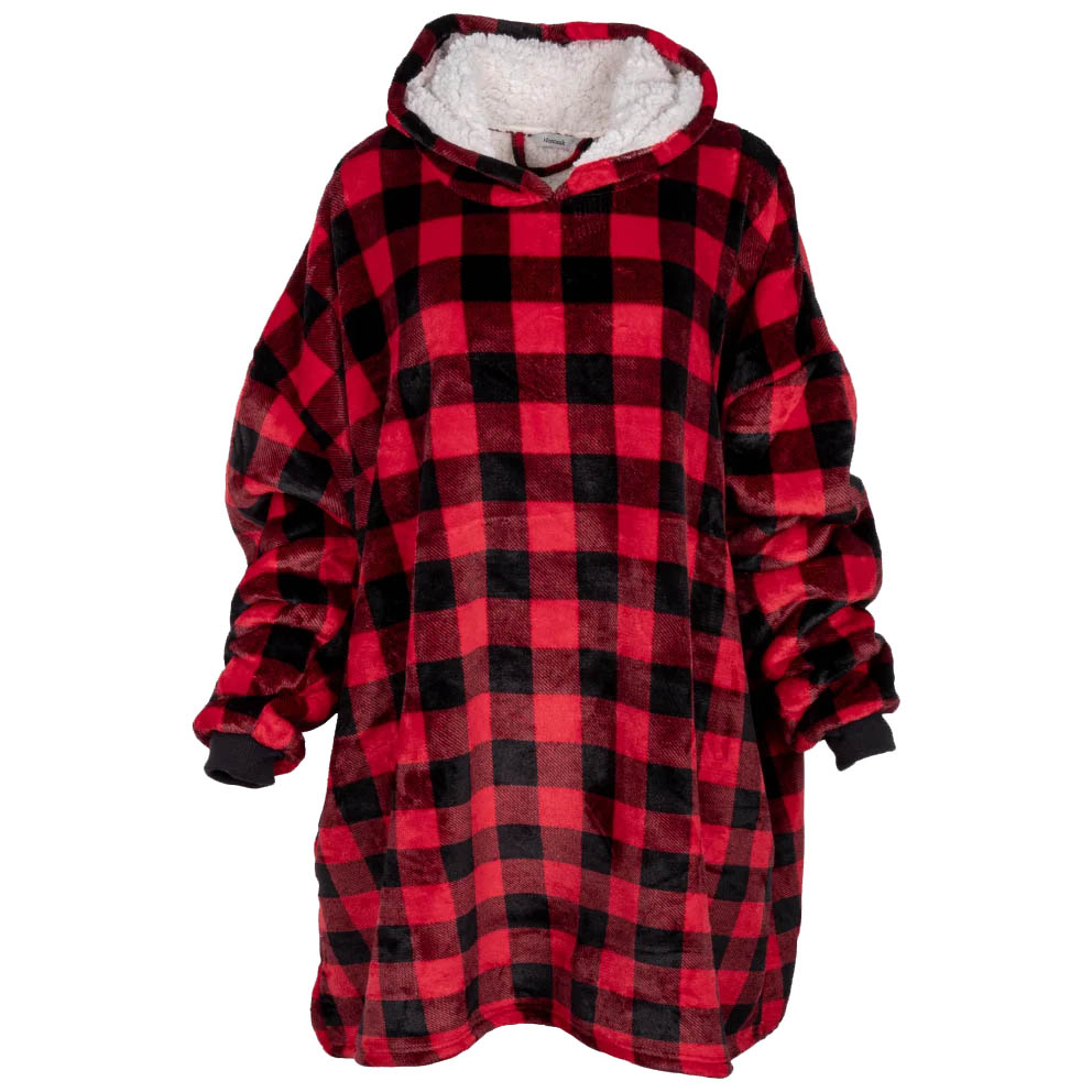 An oversized hooded lounger in red and black plaid with a soft, white fleece lining and long sleeves, designed for cozy wear.