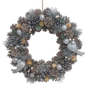 A festive wreath featuring frosted pinecones, glittery silver baubles, faux greenery, pearl accents, and decorative birds, creating a snowy, wintery appearance.