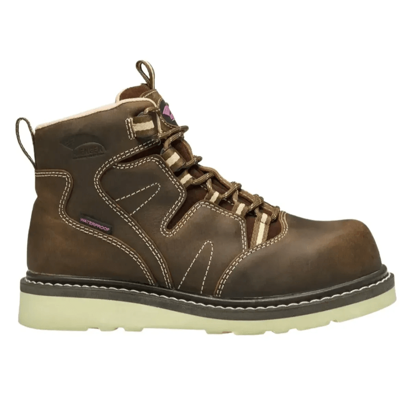 Brown leather work boot with light brown accents, white stitching, and a bright off-white sole labeled as waterproof.