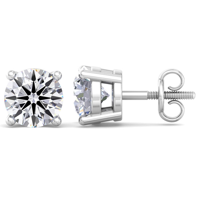 A pair of round-cut diamond stud earrings set in a prong-style setting with a screw back fastening, likely made of white gold or platinum.