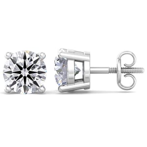A pair of round-cut diamond stud earrings set in a prong-style setting with a screw back fastening, likely made of white gold or platinum.