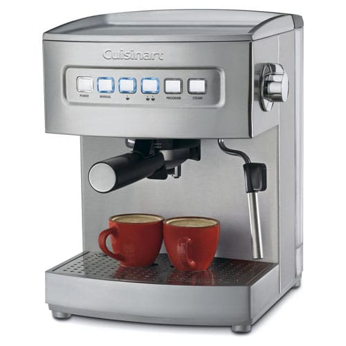 Stainless steel espresso machine with a steam wand, featuring buttons for power, manual operation, programming, and steam, shown brewing coffee into two red mugs.