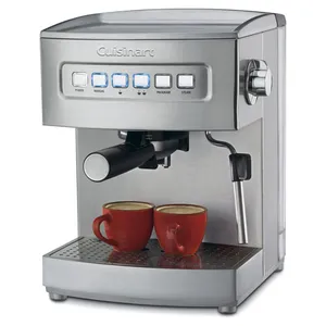 Stainless steel espresso machine with a steam wand, featuring buttons for power, manual operation, programming, and steam, shown brewing coffee into two red mugs.