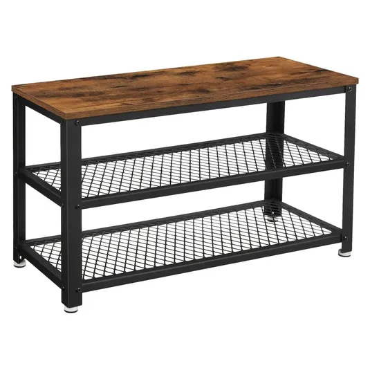 A bench with a wooden top and two metal mesh shelves in a black metal frame, suitable for storage or seating.