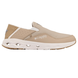 Columbia PFG slip-on shoe in beige, featuring a mesh upper, durable sole, and sleek design for outdoor activities.