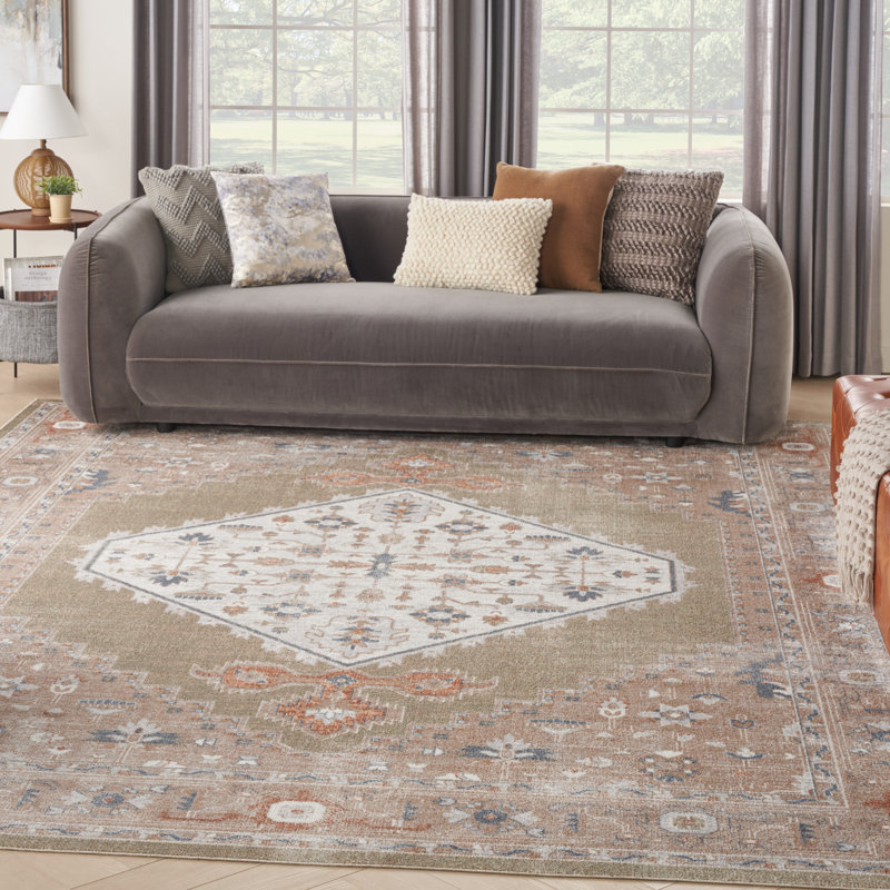 A modern living room features a gray sofa adorned with four decorative pillows in various patterns and colors. The floor showcases a large, intricately designed area rug with a central geometric motif and muted tones.