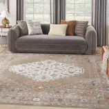 A modern living room features a gray sofa adorned with four decorative pillows in various patterns and colors. The floor showcases a large, intricately designed area rug with a central geometric motif and muted tones.